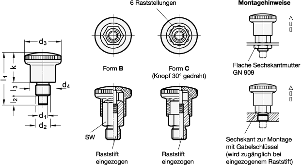 Miniraster Stahl  brueniert  Knopf Kunststoff GN 822.6 Skizze