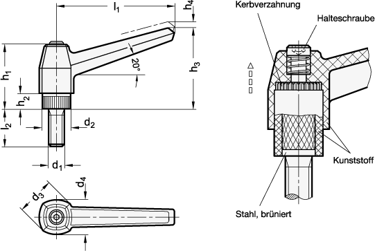 Verstellbare Klemmhebel Schraube Stahl GN 500 Skizze