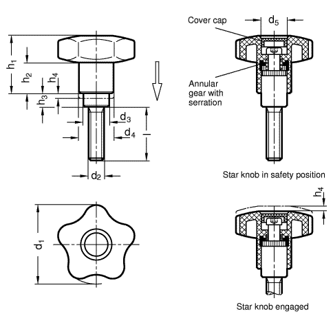 Safety Star Knobs Threaded stud steel blackened Stainless Steel GN 5337.3 sketch