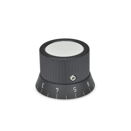Control Knobs black anodized  scale ring plastic GN 726.2