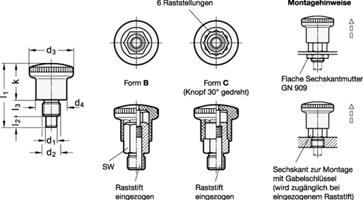 Miniraster Stahl  brueniert  Knopf Kunststoff GN 822.6 Skizze