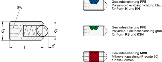 Federnde Druckstuecke mit Gewindesicherung Stahl  Edelstahl GN 615.3 Skizze