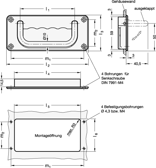 Schalen Klappgriffe mit Arretierung oder Federrueckstellung  Zink Druckguss  Stahl  Edelstahl GN 425.8 Skizze