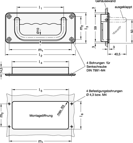 Schalen Klappgriffe mit Arretierung oder Federrueckstellung  Zink Druckguss  Stahl  Edelstahl GN 425.8 Skizze