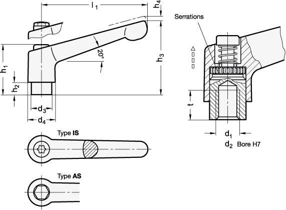Adjustable Stainless Steel Hand Levers with bushing GN 300.5 sketch