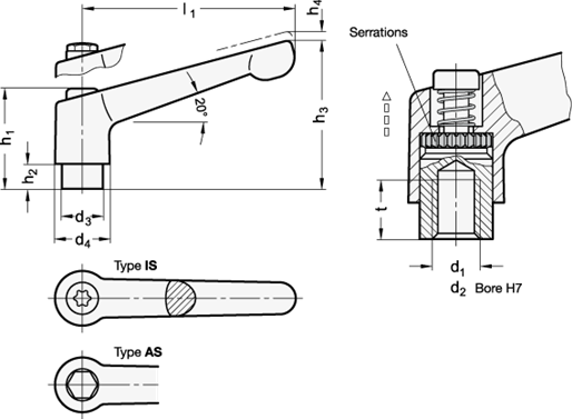 Adjustable Stainless Steel Hand Levers with bushing GN 300.5 sketch