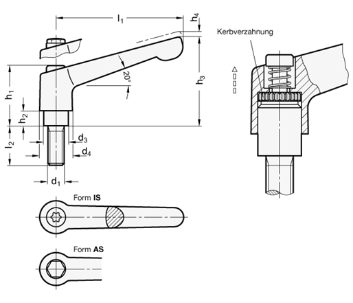 Verstellbare Edelstahl Spannhebel mit Schraube GN 300.6 Skizze