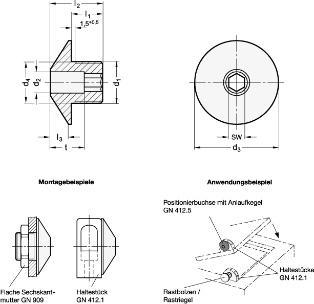 Edelstahl Positionierbuchsen mit Anlaufkegel GN 412.5 Skizze