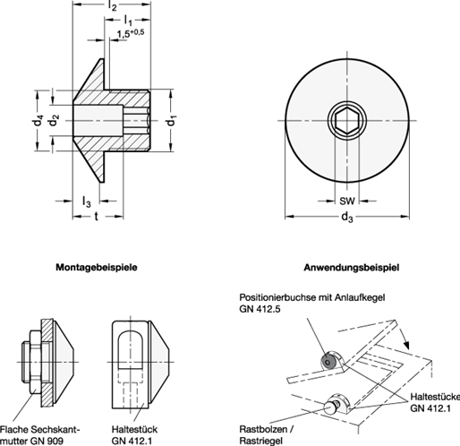 Edelstahl Positionierbuchsen mit Anlaufkegel GN 412.5 Skizze