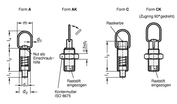 Edelstahl Rastbolzen GN 413 Skizze