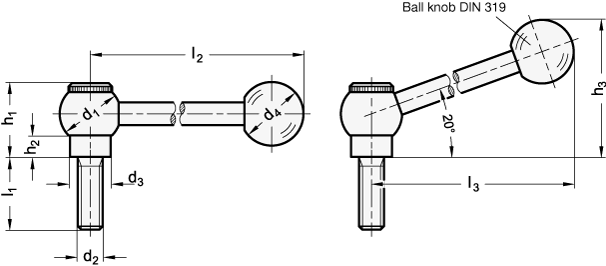 Adjustable Clamping Levers with threaded stud  steel blackened GN 6337.3 sketch