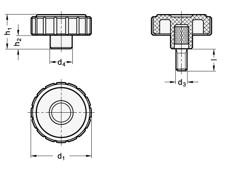 Softline Knurled Knobs with Threaded Stud threaded stud steel zinc plated GN 4534 sketch