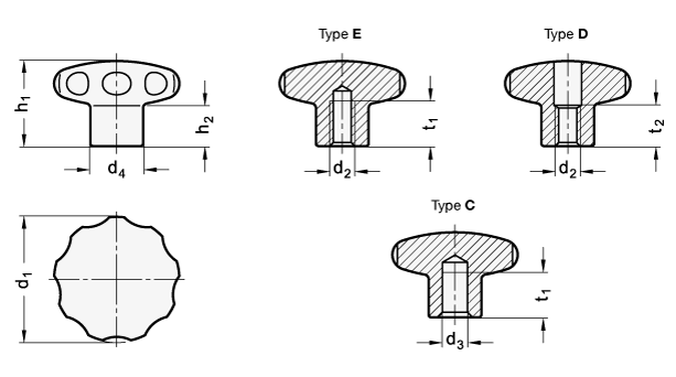 Stainless Steel Star Knobs matte shot blasted GN 5335.4 sketch