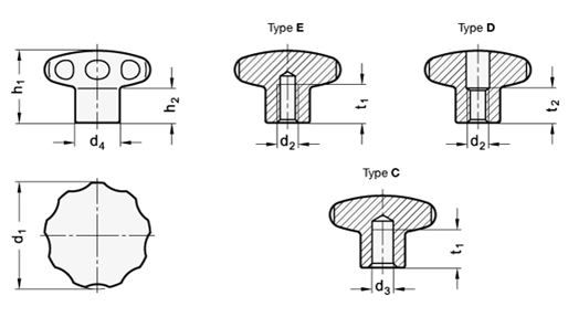Stainless Steel Star Knobs matte shot blasted GN 5335.4 sketch