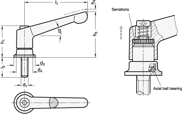 Adjustable Hand Levers with threaded stud steel GN 300.4 sketch