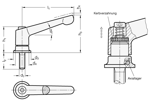 Verstellbare Klemmhebel Schraube Stahl GN 300.4 Skizze