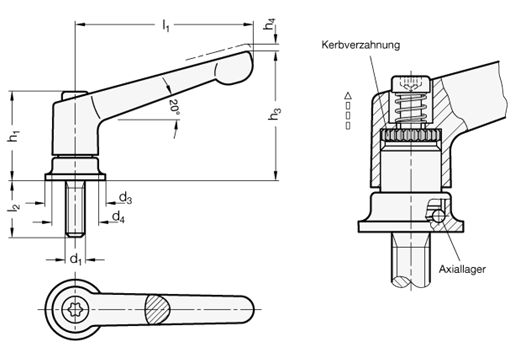 Verstellbare Klemmhebel Schraube Stahl GN 300.4 Skizze
