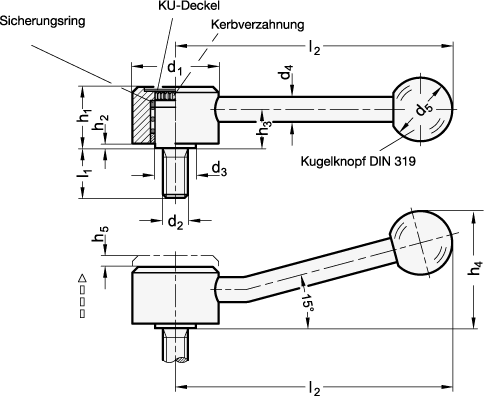 Verstellbare Flachspannhebel mit Gewindestift GN 125 Skizze