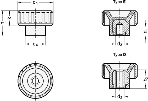 Knurled Nuts plastic bushing in brass GN 590 sketch