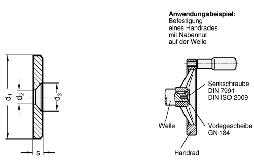 Vorlegescheiben zur axialen Befestigung Stahl  brueniert GN 184 Skizze