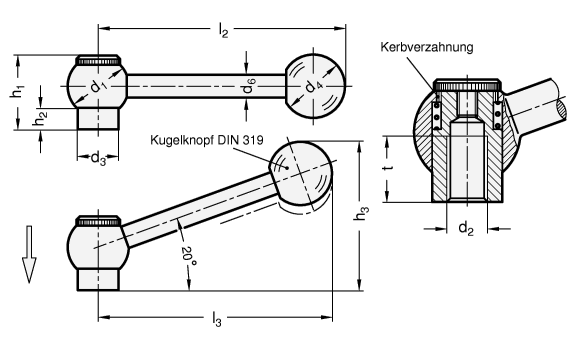 Verstellbare Kugelgriffe mit Innengewinde  Stahl brueniert GN 6337.3 Skizze