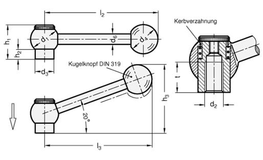 Verstellbare Kugelgriffe mit Innengewinde  Stahl brueniert GN 6337.3 Skizze
