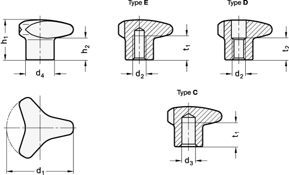 Stainless Steel Three Lobed Knobs matte shot blasted GN 5345.4 sketch