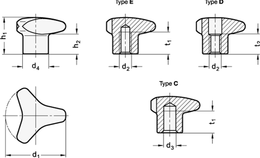 Stainless Steel Three Lobed Knobs matte shot blasted GN 5345.4 sketch
