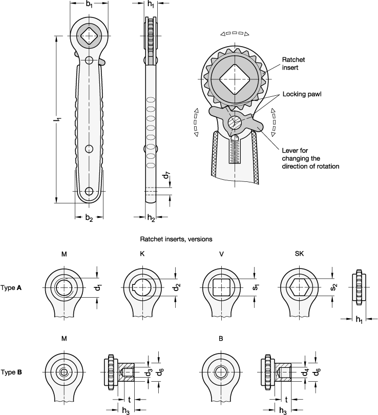Stainless Steel Ratchet Spanners with through hole  blind hole GN 318 sketch
