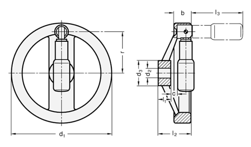 Umleggriff Handraeder Aluminium  Radkranz poliert  Griff rueckschwenkend GN 322.7 Skizze