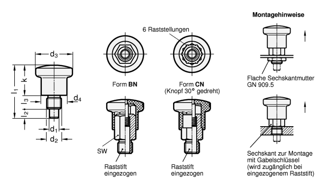 Edelstahl Miniraster Knopf Kunststoff GN 822.7 Skizze