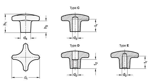 Hand Knobs matte or polished DIN 6335 sketch