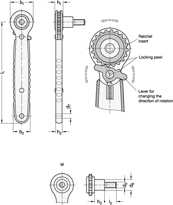 Stainless Steel Ratchet Spanners with threaded stud GN 318 sketch