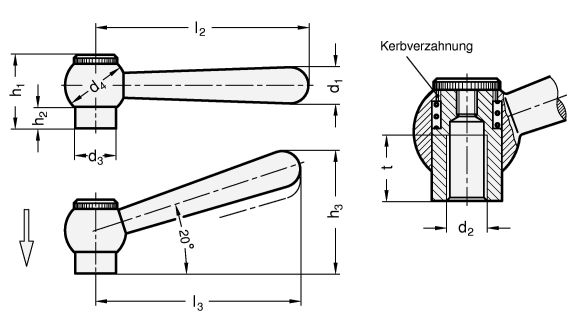 Verstellbare Kegelgriffe mit Innengewinde  Stahl  brueniert GN 99.2 Skizze
