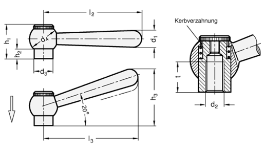 Verstellbare Kegelgriffe mit Innengewinde  Stahl  brueniert GN 99.2 Skizze