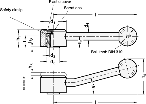 Flat Adjustable Tension Levers with threaded insert GN 125 sketch