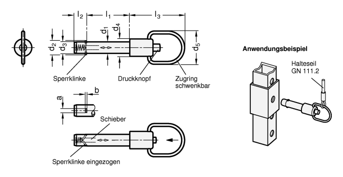 Edelstahl Steckbolzen mit Axialsicherung  Schieber Kunststoff GN 214.3 Skizze