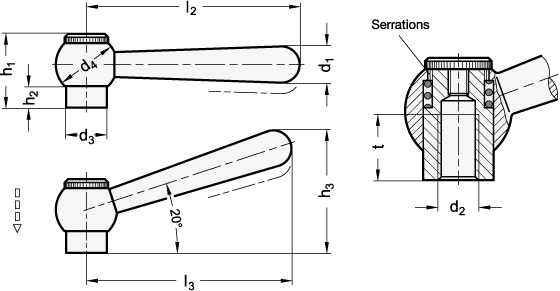 Adjustable Clamping Levers with threaded insert  steel  blackened GN 99.2 sketch