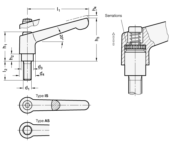 Adjustable Stainless Steel Hand Levers with threaded stud GN 300.6 sketch