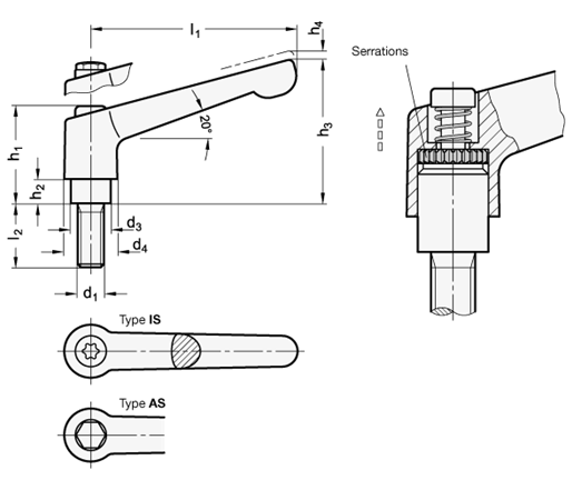 Adjustable Stainless Steel Hand Levers with threaded stud GN 300.6 sketch