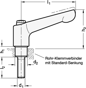 Verstellbare Edelstahl Klemmhebel GN 911.3 Skizze